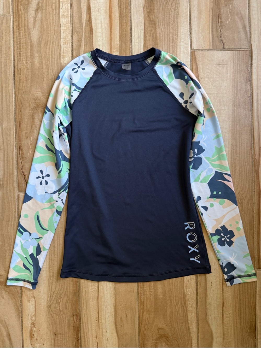 Roxy Navy Rash Guard with Pastel Floral Sleeves
